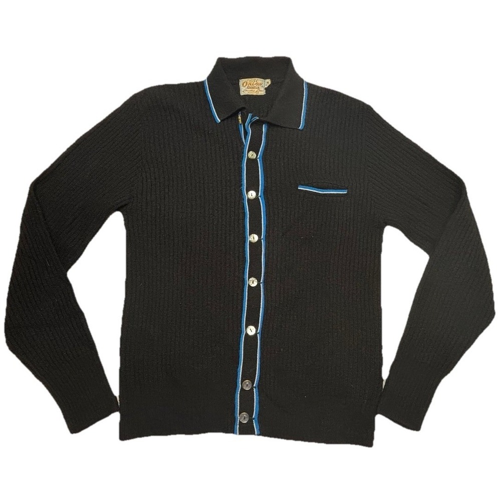 Vintage‎ Orlon Campus Cardigan Sweater Black Blue Trim USA Made Mens M 50s-60s